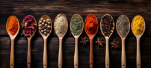 Spices In Spoons On Wooden Table