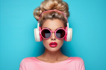 Wall Mural - Portrait of young woman with high-tech glasses and headphones against vibrant, solid background