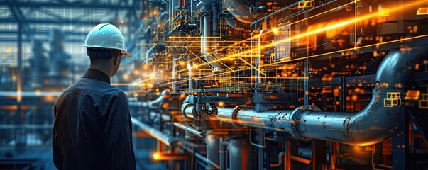 Poster - Technology in industrial construction with engineer businessman at work modern factory setting digital equipment safety helmet production building architect communication future automation network