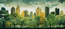 Showcase The Outline Of Trees In A City Park, With Buildings And Cityscape In The Background, Emphasizing The Contrast Between Nature And Urban Life
