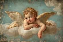 Cherubic Angel Resting On Cloud.
An Adorable Cherub With Golden Wings Lying Peacefully On A Cloud.