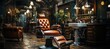 A vintage chair sits proudly in the bustling barber shop, surrounded by other furniture and a coffee table, creating a warm and inviting atmosphere within the building on a busy street