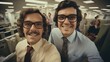 Office worker - workplace humor - retro style - vintage vibe - two office workers celebrate a big deal - open office - cubicles - quirky charm - eccentric style 