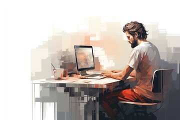 Poster - Programmer. Hacker. Cybersecurity. Young man in casual sitting at table and working on laptop. Mixed media