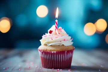 Wall Mural - Delicious birthday cupcake with one birthday cake candle on a blue blurred background with copy space for text