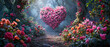 Valentine's Day scene featuring a heart-shaped arrangement made of soft pink roses in a lush flower field. Symbol of love and tenderness, enhanced by the warm sunlight. AI generated