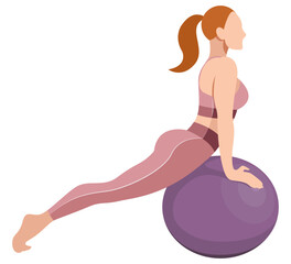 vector image of a beautiful slim girl in sportswear (leggings and sports bra) doing an exercise with a fitness ball isolated on a white background. woman doing fitness, sports, training, aerobics