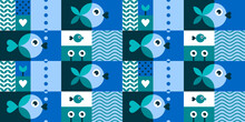 Geometric Seamless Pattern With Fish, Seaweed, Elements Of Underwater World. Abstract Modern Background In Minimal Style For Seafood, Pet Stores, City Aquariums. Vector Flat Cartoon Illustration