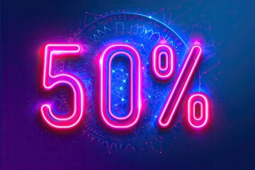 Sale and discount illuminated in neon light design for business banner symbolizing shop bright offers with glowing 50 percent signs electric night ambiance background off special retro marketing price