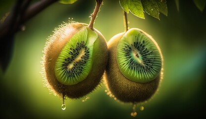 Wall Mural - A closeup of a couple of Kiwi Fruits hanging