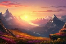 Illustration Of Alpine Scenery, Blooming Plateaus, Snow-covered Mountains In The Distance, Sunset. Generative AI