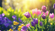 Spring background. Beautiful Flowers In The Garden In The Morning Sunshine. Spring Concept. Copy paste area for texture