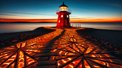 Wall Mural - Experience the enchanting beauty of a lighthouse by the sea at sunset. The tranquil coastline, vibrant colors, and iconic tower create a captivating image of maritime serenity.