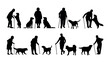 Elderly senior people holding walking stick cane with dogs vector silhouettes set.