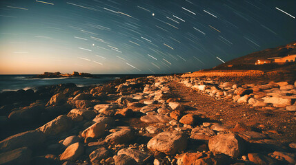 Gaze at the mesmerizing beauty of a starry night sky over the beach. The long exposure, star trails, and calming atmosphere create a stunning portrayal of the cosmos.