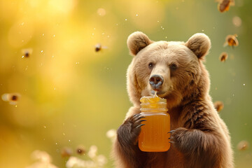 cute big bear holds out a mouthwatering honey jar isolated on light pastel yellow background