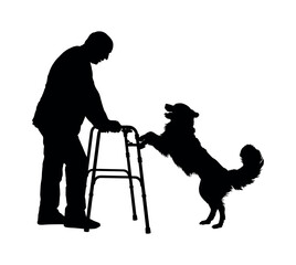 Wall Mural - Senior man using walking frame playing with his dog vector silhouettes.