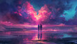A captivating sunset scene with heart-shaped clouds in the sky, and the silhouette of a couple. Valentine's Day. Generated AI