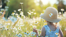 Spring Background. Selective Focus Of Blur Cute Little Girl Child In Hat Walks Through Field Of Daisies Copy Paste Area For Texture