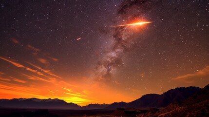 Wall Mural - meteor shower in the night sky over the silhouettes of mountains against the backdrop of sunset.
