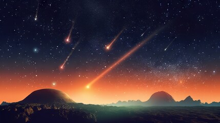 Wall Mural - meteor shower in the night sky over the silhouettes of mountains against the backdrop of sunset.