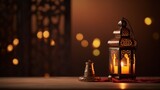 Fototapeta Tulipany - Eid Mubarak and Ramadan Kareem Islam holy month. Arabic lantern and burning candle at night. Muslims iftar under soft light of lantern lamp. Arabian background for celebration 