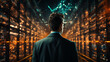 © The Gentleman - Innovative Vision: Chief Technology Officer of Data Center with Laptop, Overseeing Warehouse as Digital Information Streams Through Servers - Embracing SAAS, Cloud Computing, and Web Services