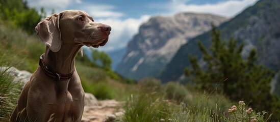 Sticker - Weimaraner dog in Aran Valley, Spain on a mountain path.