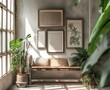 bench decorated with plants and framed artwork, sepia tone, sumi-e style, rustic simplicity, gray and black, organic and naturalistic compositions, cambodian art beautiful interiors. generative AI