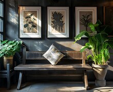 Bench Decorated With Plants And Framed Artwork, Sepia Tone, Sumi-e Style, Rustic Simplicity, Gray And Black, Organic And Naturalistic Compositions, Cambodian Art Beautiful Interiors. Generative AI