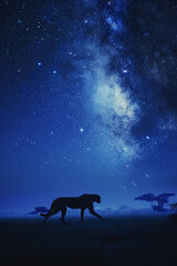  night on the African savanna a solitary animal strolls under a vast starry sky. AI generative