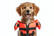 cute dog with life vest and floatation device Isolated on solid white background. ai generative