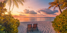 Amazing Sunset Beach Couple Chairs Sandy Beach Sea Palm. Summer Love Holiday Vacation Resort Romantic Nature. Inspire Tropical Landscape Pattern. Tranquil Tourism. Best Beautiful Honeymoon Design