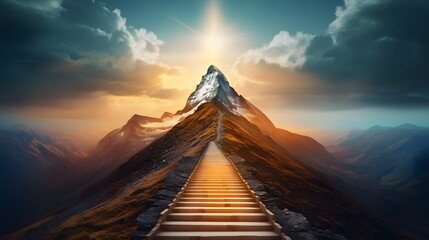 Abstract path leading to mountain top in success reaching goals concept background