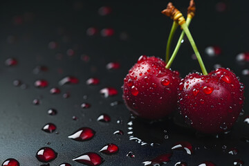 Wall Mural - a lot of red ripe cherries close up with water drops and dark background