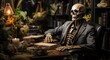 © Larisa AI - A scholarly skeleton peruses a dusty tome at his cluttered desk, surrounded by shelves filled with books and adorned in formal attire, lost in thought within the walls of his indoor study