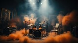 An explosive performance awaits as a solitary drummer sits upon a throne of smoke, ready to rock the music venue with their skilled use of cymbals and drums