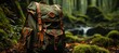 A backpack sits among the lush green grass and vibrant plants in the serene outdoor forest, near a glistening waterfall, beckoning for exploration and adventure