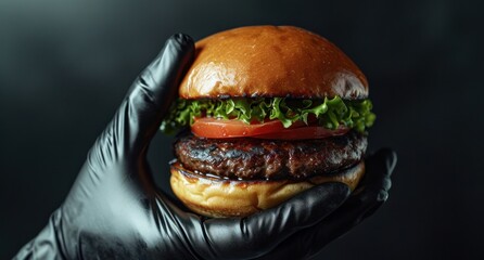 Wall Mural - a hand holds a black glove over a hamburger