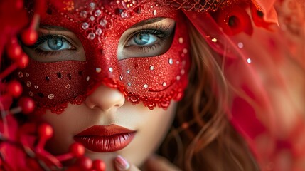 Wall Mural - A beautiful young woman wearing a mysterious red Venetian mask showing only part of her face. Woman wearing a mask and red makeup for a costume party.