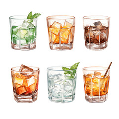 Wall Mural - set of Many cocktails different glasses watercolor illustration png isolated on a transparent background, bar drinks clipart	