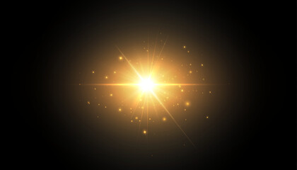 Wall Mural - Shining star, sun particles and sparkles with flare effect, golden bokeh lights and sparkles. The effect of glare, a yellow explosion.
