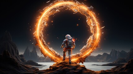 Portal to another world with a fiery glow around. Cosmic wormhole. Space travel concept. Science fiction universe exploration. Illustration for banner, poster, cover, brochure or presentation.