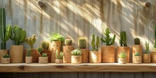 Wooden Wooden Pots With Cactuses Hanging On Wooden Ledge