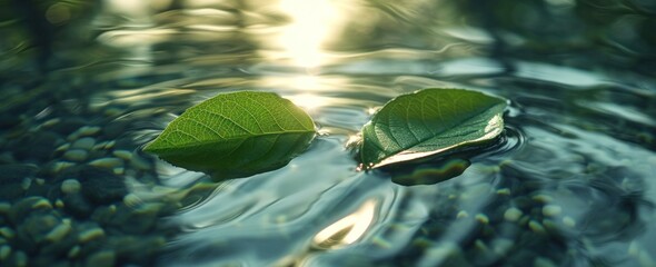 two green leaves were left in the water and reflected light from the water