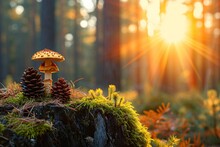 Mossy Surface In Autumn Forest With A Small Fungus Mushrooms On A Stump, Moss, Spruce Cones And Sun Ray. Image With A Copy Space In An Autumn Forest. A Background Image