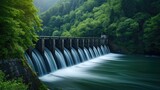 Fototapeta  - The steady flow of water from a hydroelectric dam blends with the tranquil beauty of forested mountains, symbolizing sustainable energy practices.