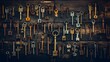 Encryption and Security concept image. Old and vintage keys, arranged randomly, many from 1800s, on an old grungy wooden desk.
