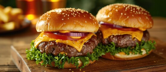 Two hearty cheeseburgers with American cheese, topped with lettuce, tomato, and onion.