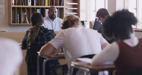 Aufkleber - High school kids, classroom and test with teacher, man and writing for assessment, development and studying. People, students and exam for education, knowledge and back at desk in class at academy